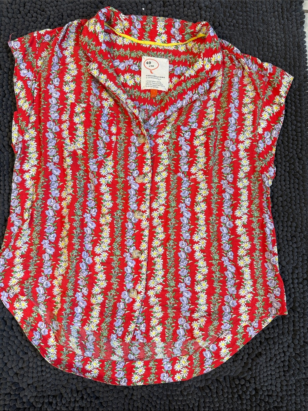 Anthropologie Red Floral-Striped Sleeveless Button Front Blouse